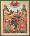 Religious icon: Holy Martyrs Florus, Laurus, Holy Hieromartyr Blasius, the Bishop of Sebastia and Holy Patriarch Modest of Jerusalem