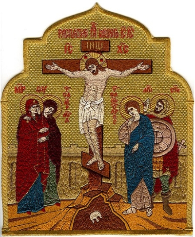 Embroidered icon: Crucifixion of our Lord Jesus Christ.