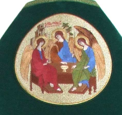 Embroidered icon of the Holy Trinity.