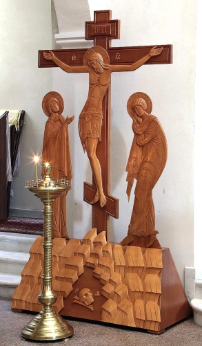 Large carved crucifixion with figures