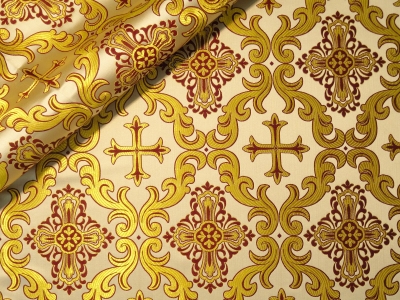 Roman Cross Greek metallic brocade (white/gold with claret)
