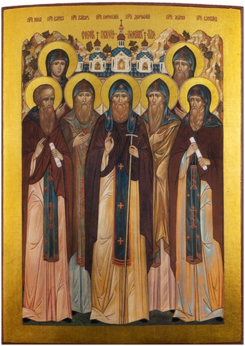 Icon: Synaxix os the Venerable Fathers of the Pskov Caves - SPPS55 (5.0''x7.1'' (12.8x18 cm))