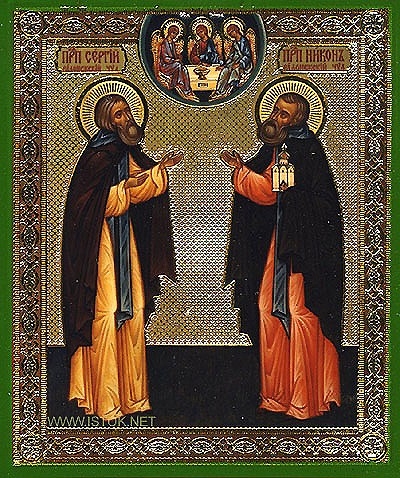 Religious Orthodox icon: Holy Venerable Sergius and Nikon of Radonezh