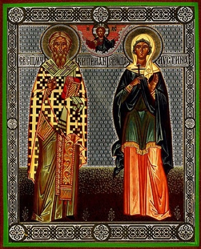 Religious Orthodox icon: Holy Hieromartyr Cyprian and Holy Martyr Justina