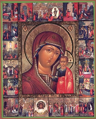 Religious icon: Theotokos of Kazan with Hagiographical Border Scenes