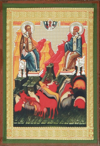 Religious icon: Holy Hieromartyr Blasius and Holy Hierarch Spyridon of Tremethius